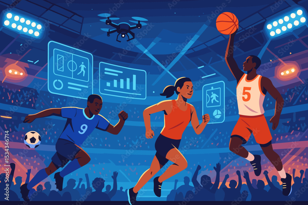 Obraz premium Futuristic sports stadium with athletes, drones, and digital data overlays