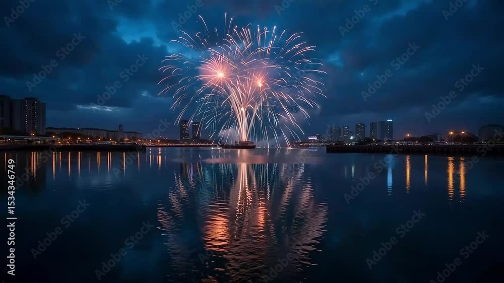 Stunning Fireworks Display over City Skyline at Night Reflecting on Calm Water A breathtaking scene of vibrant fireworks exploding over a tranquil cityscape at twilight