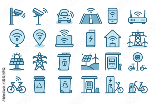 Icon set of smart city elements including WiFi, EV, solar, and transport systems