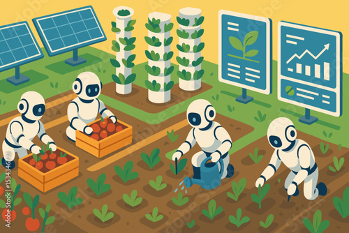 Futuristic illustration of robots harvesting and managing crops with smart tech