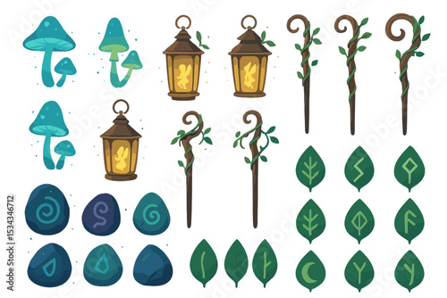 Fantasy forest icons with glowing mushrooms, rune stones, and magic staffs