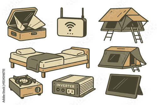 Vintage camping gear icons with solar oven, tent, bed, and tech devices