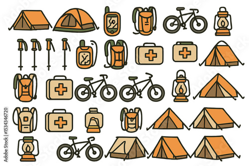 Colorful camping icons featuring tents, backpacks, bikes, and gear