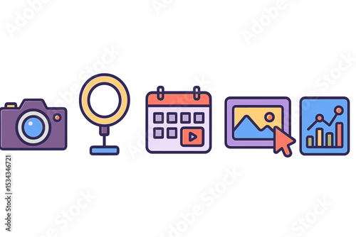 Gradient-style content creation icons for media planning and analytics