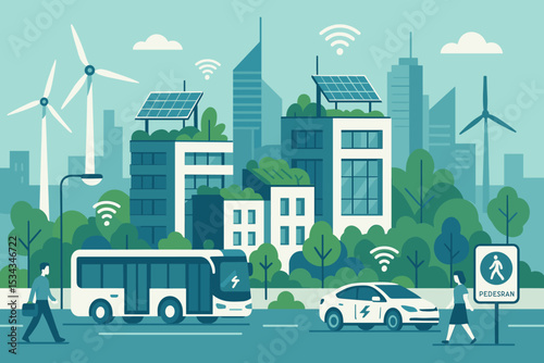 Futuristic green city with smart tech, electric transport, and solar energy