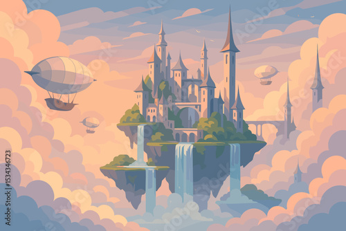 Fantasy floating castle with waterfalls and airships in pastel sky