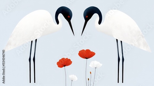 Elegant White Birds with Colorful Flowers in Artistic Design