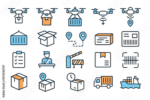 Modern shipping and delivery icons with drones, packages, and tracking