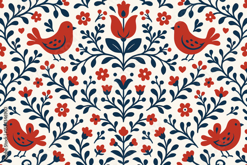 Red and navy folk art birds with floral pattern on cream background