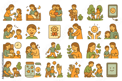 Illustrated icon set of positive parenting and emotional support