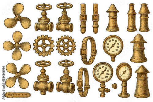 Vintage steampunk mechanical parts and instruments set