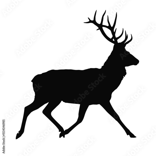 a clean black silhouette of a male deer in motion with detailed antlers captured mid-stride on white background