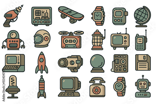 Playful retro icon set with gadgets, ray guns, rockets, and robots