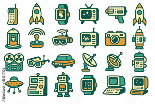 Vintage sci-fi tech icon set with rockets, robots, and gadgets