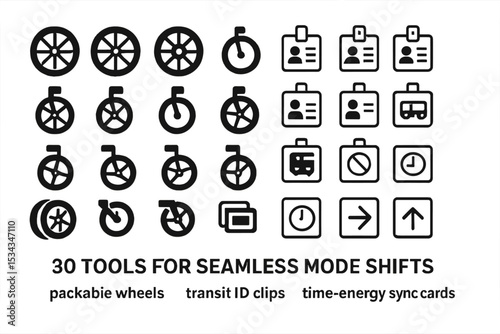 Icon set of wheels, transit ID badges, and sync cards for mobility design