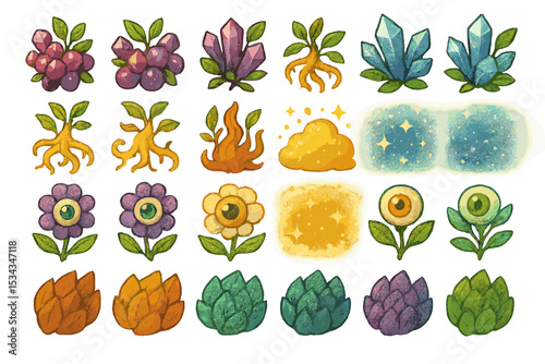 Colorful fantasy herbs, roots, crystals, and flowers for magic potions
