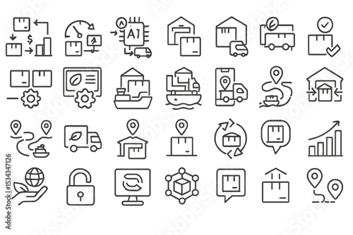 Icon set for AI-driven supply chains, sustainable logistics, and shipment tracking