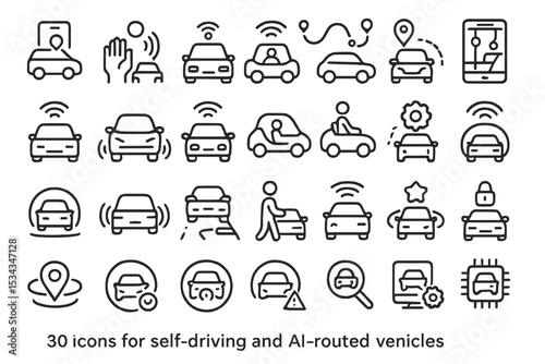 Set of 30 AI and self-driving car line icons for UI or infographics