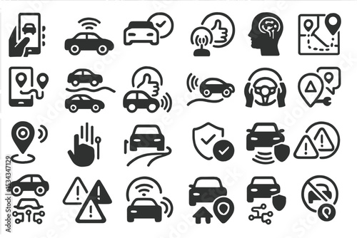 Icon set for autonomous driving, AI vehicle routing, and smart navigation alerts