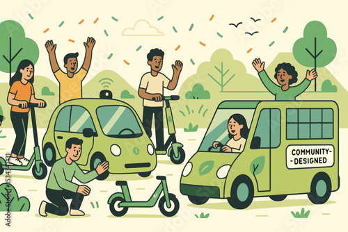 Community celebration of green mobility with shared e-scooters, autonomous cars, and eco buses
