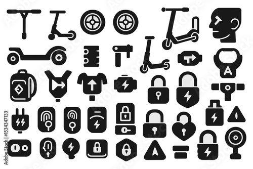 Icon set of e-scooter components, locks, batteries, chargers, and safety accessories