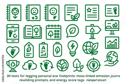 Icon set for tracking personal eco footprints with journals, prompts, and energy tags