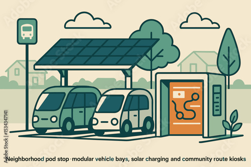 Neighborhood pod stop with modular vehicle bays, solar charging, and route kiosk