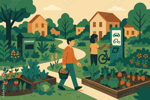 Sustainable neighborhood with composting, bike sharing, and community gardens