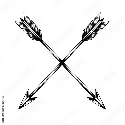 a black and white grunge-style illustration of two crossed arrows forming an 'X' with distressed texture on white background