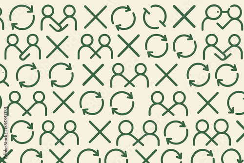 Pattern of handshake, rotation arrows, and X symbols in minimalist green style