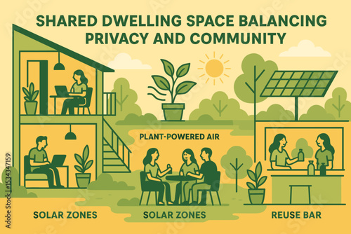 Illustration of a shared eco-living space featuring solar zones, plant-powered air, and reuse bars