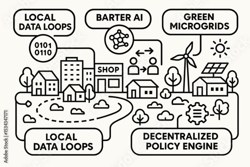 Black and white illustration of smart eco-city with AI barter and microgrids