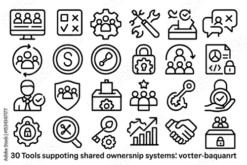 Outlined icon set representing collaborative governance and secure digital tools