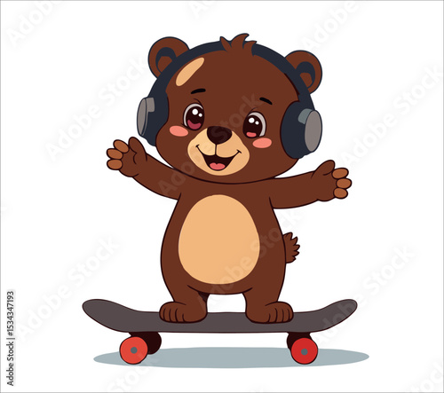 Vector fashion design for children t-shirt. 
Cute teddy pink bear on skateboard
with headphones isolated on transparent background.  Cartoon print for fabric, clothing for boy and girl.