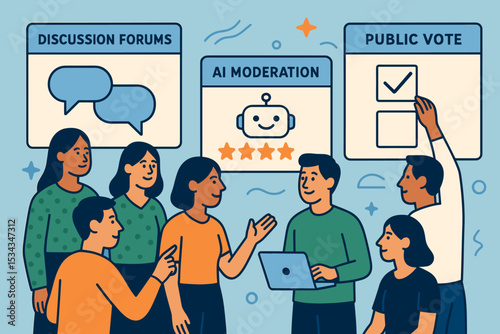 Community engaging with discussion forums, AI moderation, and public voting
