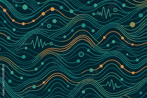 Abstract flowing sound waves and dotted lines on dark background