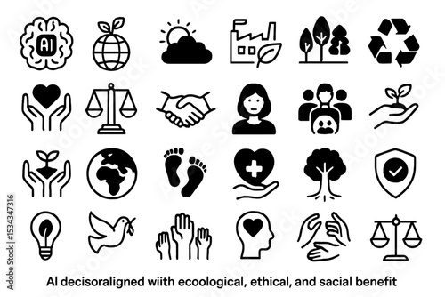 Icons illustrating ethical AI, sustainability, and social responsibility