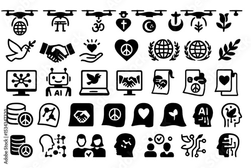 Icon set symbolizing AI, peace, global unity, and ethical technology
