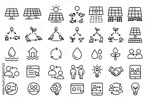 Icon set for solar energy, water cycles, ecosystems, and sustainability