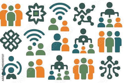 Colorful abstract icons representing community, networks, and connection