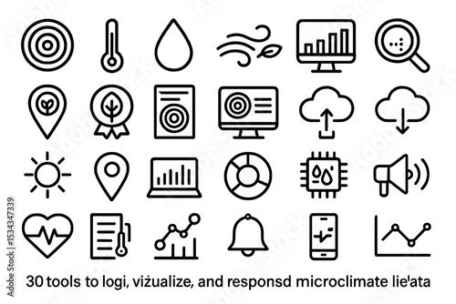 Icon set of microclimate data tools for logging, analysis, and alerts