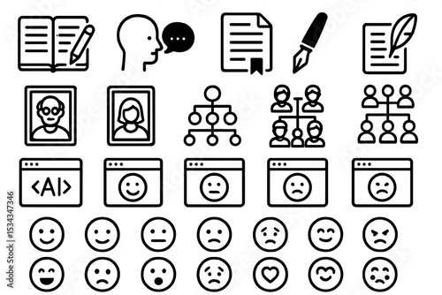 Black icon set of emotional faces, family trees, and digital journals