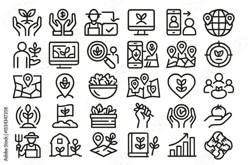 Set of smart farming and crop location line icons for UI and infographics