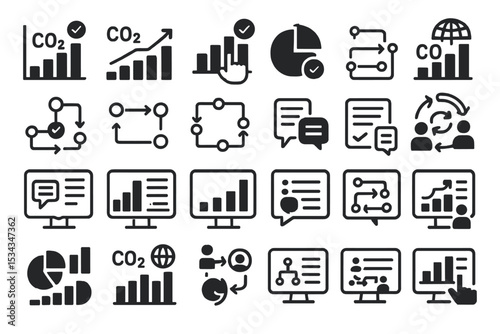 Set of CO2 data and analytics icons for environmental reports and dashboards