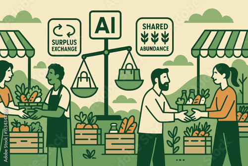 Flat illustration of AI-assisted produce exchange at community market