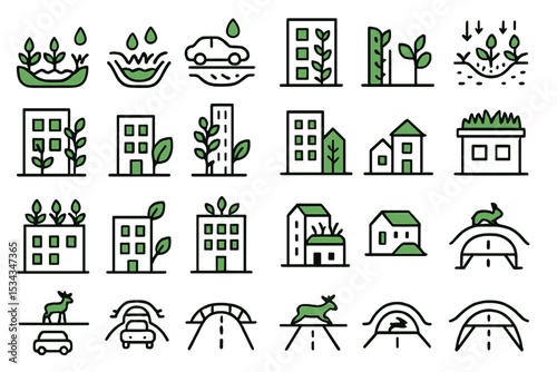 Icon set of sustainable city features with green roofs, bioswales, and wildlife bridges