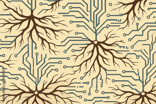 Organic neurons merging with blue circuit board lines in seamless pattern