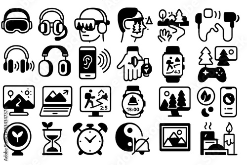Black icon set for immersive audio, digital mindfulness, and nature tech
