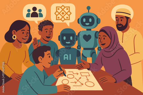 Diverse group and AI robots collaborating on flowchart planning