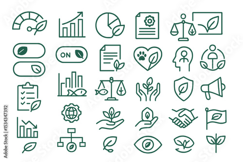 Green line icon set for sustainability, eco metrics, and ethical governance